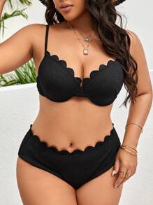 SHEIN Swim Curve Summer Beach Plus Size Scallop Trim Push Up Bikini Set - Black - View 1