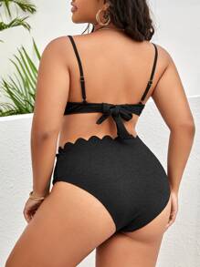 SHEIN Swim Curve Summer Beach Plus Size Scallop Trim Push Up Bikini Set - Black - View 2