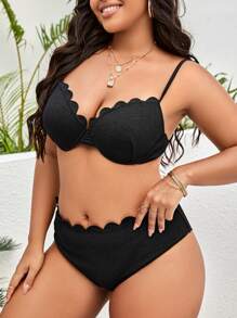 SHEIN Swim Curve Summer Beach Plus Size Scallop Trim Push Up Bikini Set - Black - View 3