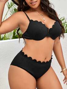 SHEIN Swim Curve Summer Beach Plus Size Scallop Trim Push Up Bikini Set - Black - View 4