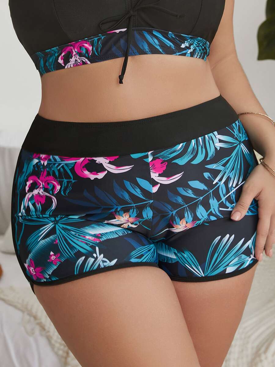 Swim Lushoire Summer Plus Size Tropical Print Bikini Bottom - Multicolor - View 1