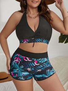 Swim Lushoire Summer Plus Size Tropical Print Bikini Bottom - Multicolor - View 3