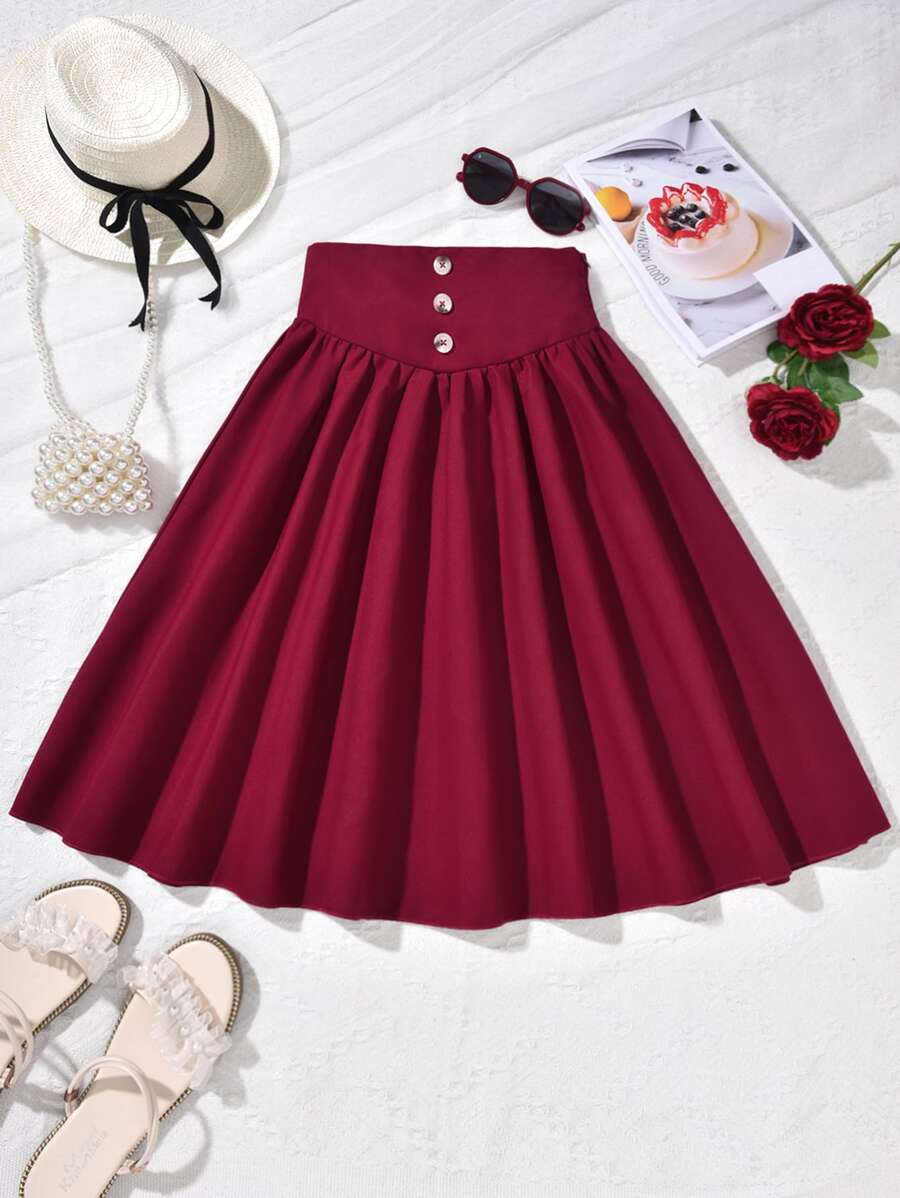 Girls Button Front Flare Skirt - Burgundy - View 1