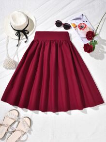 Girls Button Front Flare Skirt - Burgundy - View 2