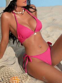 Summer Halter Triangle Tie Side Bikini Set - Hot Pink - View 1