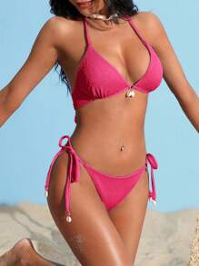 Summer Halter Triangle Tie Side Bikini Set - Hot Pink - View 3