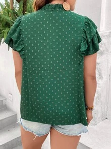 SHEIN VCAY Plus Swiss Dot Ruffle Trim Tie Neck Blouse - Green - View 2
