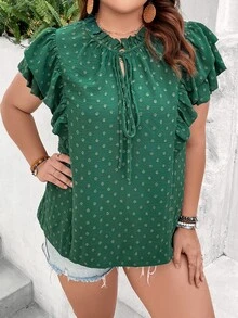 SHEIN VCAY Plus Swiss Dot Ruffle Trim Tie Neck Blouse - Green - View 7
