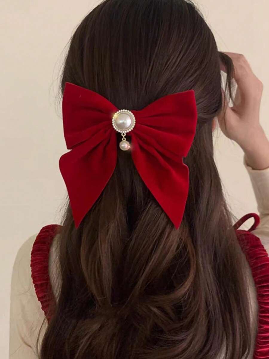 1 chiếc kẹp tóc thời trang đính ngọc trai giả và nơ dành cho nữ, dùng để trang trí tóc, phụ kiện tóc thanh lịch cho ngày Valentine, kẹp tóc càng cua, kẹp tóc cài đầu, đồ dùng học tập, phụ kiện tóc ngọc trai, trang phục mùa đông cho nữ, nơ, dễ thương, phụ kiện đội đầu, ghim cài tóc - Đỏ - Xem 1