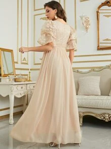 UNITHORSE 蕾絲拼接荷葉袖雪紡伴娘連衣裙 - 杏色 - 查看 2