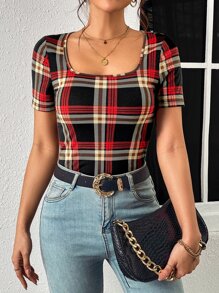 SHEIN LUNE Camiseta con estampado de cuadros de cuello cuadrado - Multicolor - Ver 6