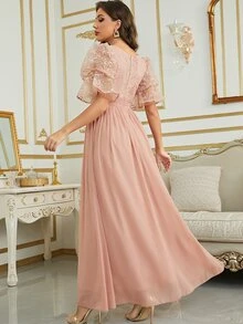 UNITHORSE Váy phù dâu Tương phản ren Dây kéo màu trơn - Hồng - Xem 2
