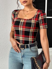 SHEIN LUNE Camiseta con estampado de cuadros de cuello cuadrado - Multicolor - Ver 4