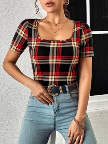 SHEIN LUNE Camiseta con estampado de cuadros de cuello cuadrado - Multicolor - Ver 5