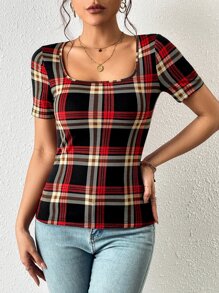 SHEIN LUNE Camiseta con estampado de cuadros de cuello cuadrado - Multicolor - Ver 3
