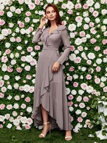 Ruffle Trim Ruffle Hem Chiffon Bridesmaid Dress - Dusty Purple - View 4