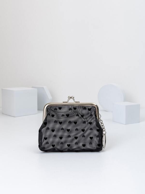 Women's Short Transparent Heart Embossed Mesh Leopard Plush Coin Purse, 4-inch Clasp Coin Purse