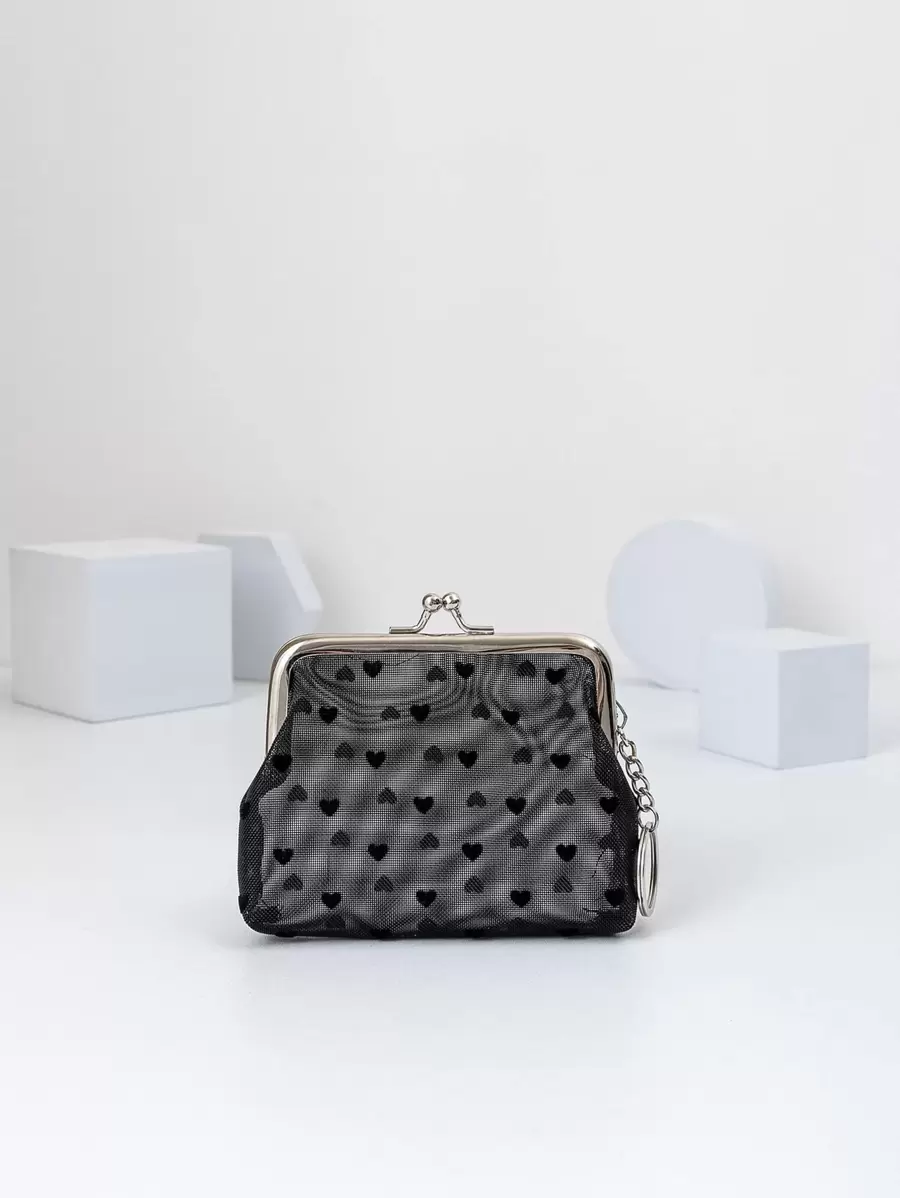 Women's Short Transparent Heart Embossed Mesh Leopard Plush Coin Purse, 4-inch Clasp Coin Purse