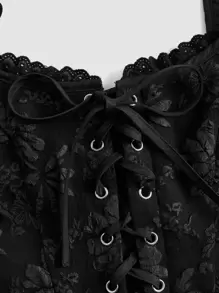 SHEIN MOD Áo khoác và áo lót dành cho xe tăng nữ Bất đối xứng Tương phản ren Ren lên Thùa khuyết màu trơn Giải trí - màu đen - Xem 3