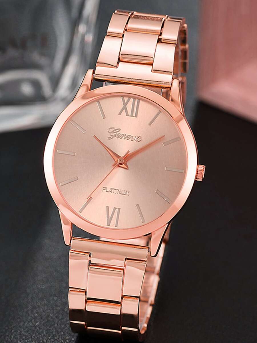 1 Đồng Hồ Thạch Anh Mặt Tròn Màu Vàng Hồng Cho Nữ, Dây Đeo Hợp Kim Kẽm Dành Cho Doanh Nhân, Dùng Làm Quà Tặng Cho Học Sinh Trở Lại Trường Học - Hoa hồng vàng - Xem 1