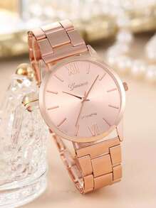 1 Đồng Hồ Thạch Anh Mặt Tròn Màu Vàng Hồng Cho Nữ, Dây Đeo Hợp Kim Kẽm Dành Cho Doanh Nhân, Dùng Làm Quà Tặng Cho Học Sinh Trở Lại Trường Học - Hoa hồng vàng - Xem 4