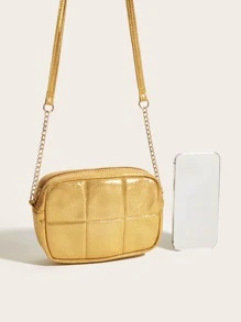Chicas Bolsa cuadrada de color metálico guateado con cadena con tira - Dorado - Ver 6