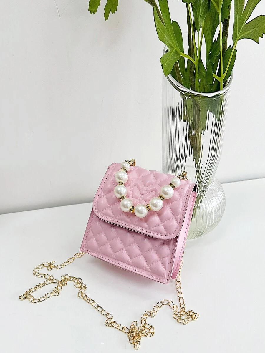 Girls Square Bag Quilted Faux Pearl Decor Chain Strap