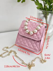 Girls Square Bag Quilted Faux Pearl Decor Chain Strap - Pink - View 5