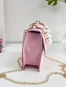 Girls Square Bag Quilted Faux Pearl Decor Chain Strap - Pink - View 7