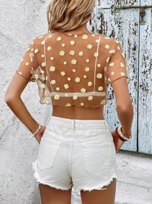 SHEIN VCAY 小雛菊蝙蝠袖短款網紗上衣不附文胸 - 駝色 - 查看 2