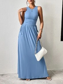 SHEIN Essnce 素色背心上衣和側抽繩半身裙 - 藍色 - 查看 3