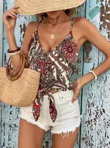 SHEIN VCAY 佩斯利印花下擺打結吊帶上衣 - 白色 - 查看 1