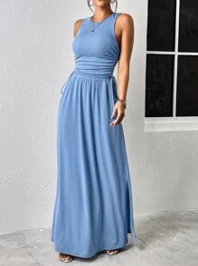 SHEIN Essnce 素色背心上衣和側抽繩半身裙 - 藍色 - 查看 4