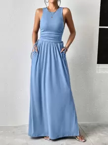 SHEIN Essnce 素色背心上衣和側抽繩半身裙 - 藍色 - 查看 1