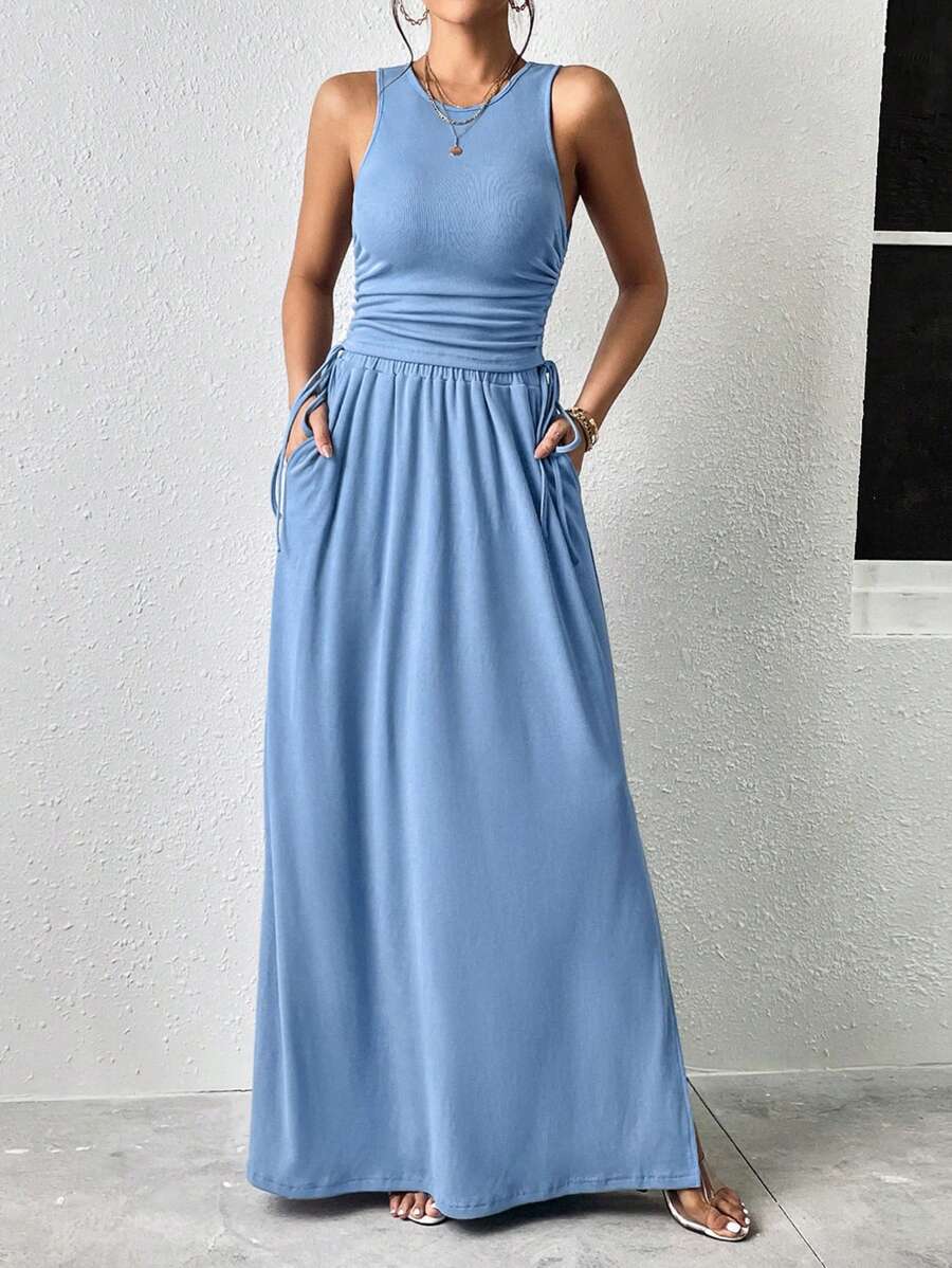 SHEIN Essnce 素色背心上衣和側抽繩半身裙 - 藍色 - 查看 1