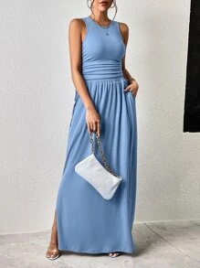 SHEIN Essnce 素色背心上衣和側抽繩半身裙 - 藍色 - 查看 6