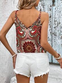 SHEIN VCAY 佩斯利印花下擺打結吊帶上衣 - 白色 - 查看 2