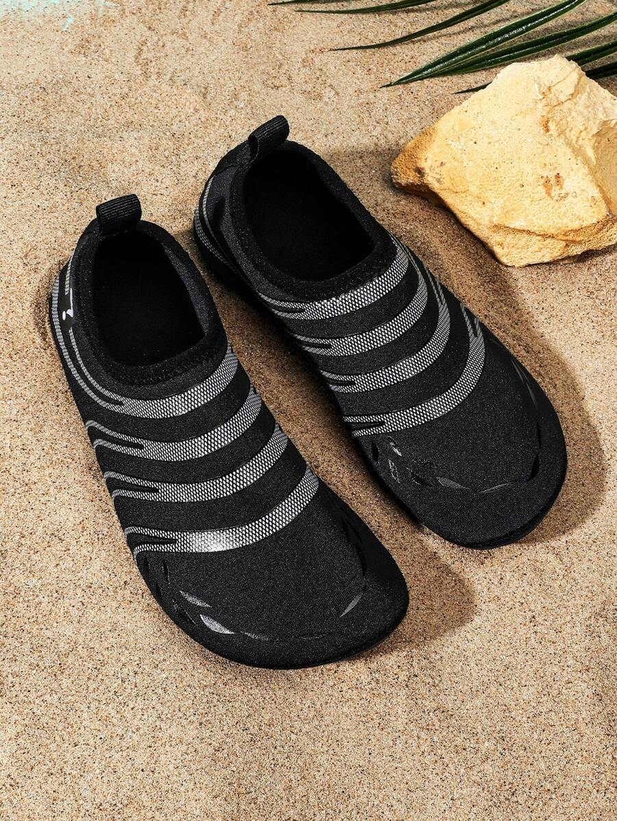 男童條紋圖案套穿式水鞋運動型沙灘織物水襪 - 黑色 - 查看 1