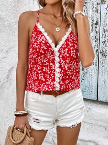 SHEIN LUNE 碎花鏤空蕾絲花邊吊帶上衣 - 紅色 - 查看 4