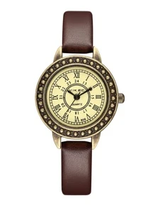 VIKEC 1入組棕色PU聚氨酯帶復古圓形錶盤石英表,適用於日常生活