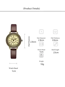 VIKEC 1入組棕色PU聚氨酯帶復古圓形錶盤石英表,適用於日常生活