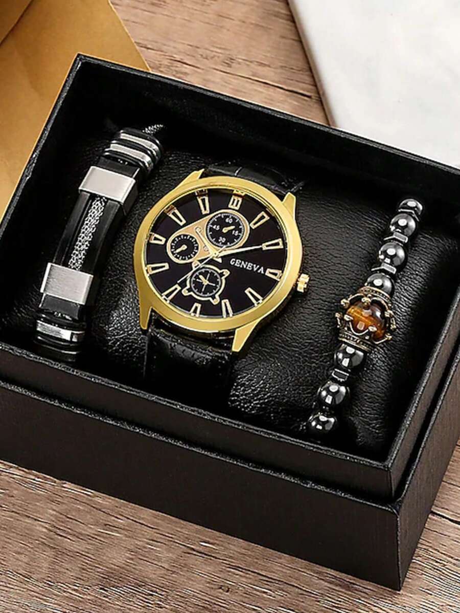 1 Miếng Đen Hợp kim Dây đeo Làm Việc  Tròn Quay số đồng hồ Quartz & 2 Miếng Vòng tay , Qủa tặng Đối với Bạn - màu đen - Xem 1