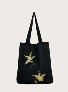 星星圖案鉤針編織袋中等度假 - 黑色 - 查看 6