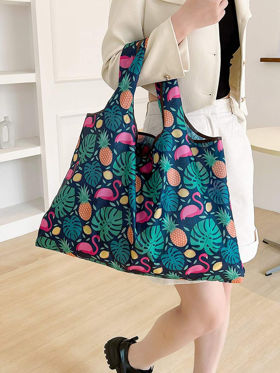 火烈鳥和鳳梨圖案購物袋大碼可折疊