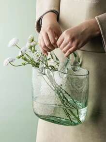 1pc Clear Flower Pot With Handle,Home Decor,Flower Vase,Centerpiece,Table Decor - Green - View 2