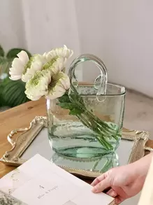 1pc Clear Flower Pot With Handle,Home Decor,Flower Vase,Centerpiece,Table Decor - Green - View 1
