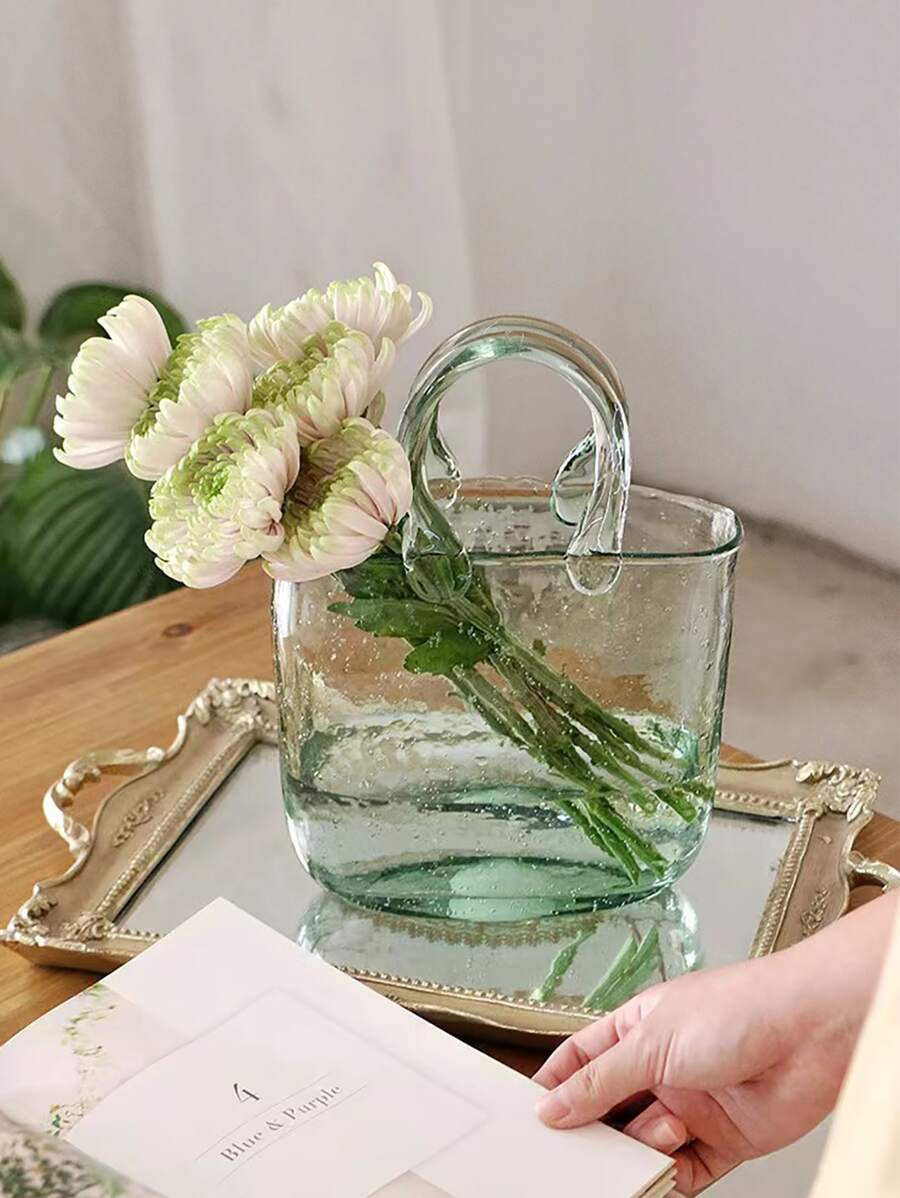 1pc Clear Flower Pot With Handle,Home Decor,Flower Vase,Centerpiece,Table Decor - Green - View 1