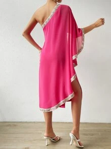 SHEIN Privé Đầm Tách cao Hình học Thanh lịch - Màu Hồng Tươi - Xem 2