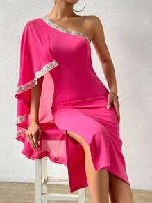 SHEIN Privé Đầm Tách cao Hình học Thanh lịch - Màu Hồng Tươi - Xem 5