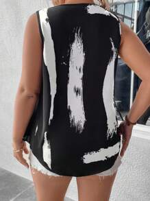 SHEIN LUNE Camisa sin manga con estampado de pincelada ribete con fruncido - Blanco y Negro - Ver 2